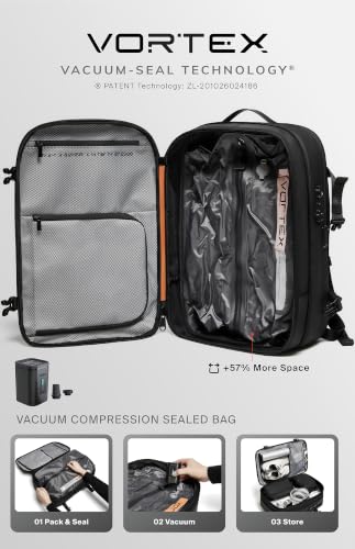 Vortex Vacuum Seal Travel Backpack 60L Expandable Air Compression System Water Resistant TSA Lock Carry-On - color: Black
