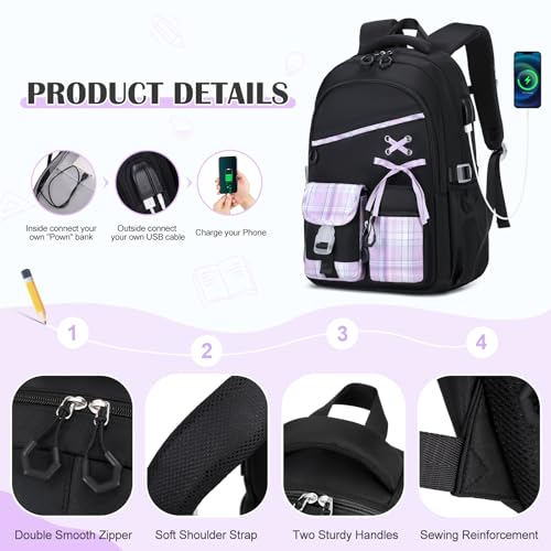 DIGOBAY Backpacks for Girls 3PCS School Backpack Lunch Box Pencil Pouch - color: Blackpurple
