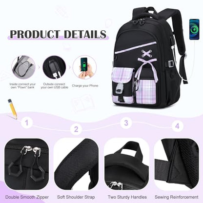 DIGOBAY Backpacks for Girls 3PCS School Backpack Lunch Box Pencil Pouch - color: Blackpurple
