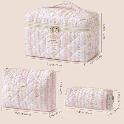 HBselect Quilted Makeup Bag, 3Pcs Cotton Large Travel Makeup Bags Organizer - color: A-3PCS-Floral 25