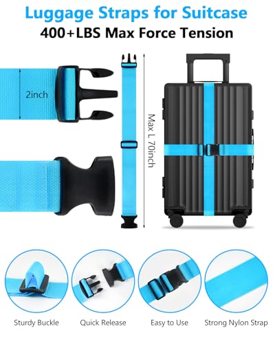 BILIONE 3Pcs Luggage Straps Set - 2 Suitcase Straps 70'' Long and 1 Add A Bag Strap, Adjustable Luggage Identifiers Nylon Travel Belt - color: Blue