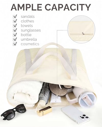 HOMESPON Beach Bag Large Waterproof Sandproof Tote for Women with Zipper and Mesh Pockets - color: Beige, size: Medium