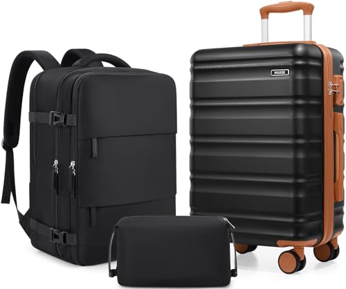 Carry On Luggage 22x14x9 Airline Approved, 3 Piece Set with Backpack - color: Black, size: 3 piece set (20inch)
