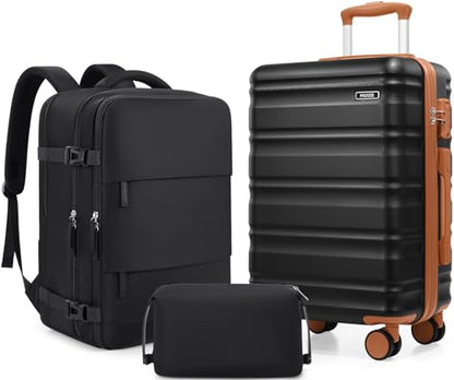 Carry On Luggage 22x14x9 Airline Approved, 3 Piece Set with Backpack - color: Black, size: 3 piece set (20inch)
