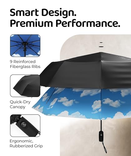Windproof Travel Umbrella - Compact & Withstands Winds up to 100MPH, Strongest Premium Auto Folding Umbrella for Rain and Sun - Durable, Light & Portable for Women & Men, Fits Backpack & Cars - color: 6. Blue Sky