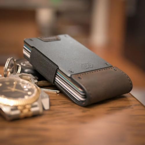 PROOF Slim Minimalist Wallets for Men | Leather & Metal | RFID Wallet - color: Saddle Brown