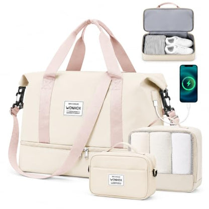 Weekender Bags for Women Travel Weekend Overnight Bag with Shoe Compartment - color: B -Beige + Packing Cube
