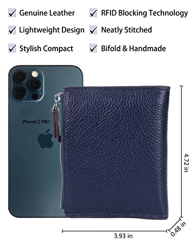 Women's RFID Blocking Leather Small Compact Bi-fold Zipper Pocket Wallet Card Case Purse with id Window - color: Lichee Navy Blue