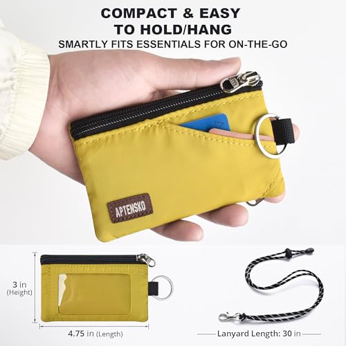 RFID 차단 여행용 지갑, 조절 가능한 랜야드 포함, 작은 나일론 지퍼 파우치 및 신분증, 신용 카드, 현금, 열쇠, 통근자용 배지 홀더, 다크 옐로우., 끈이 달린 RFID 차단 여행용 지갑 - color: 다크 옐로우.