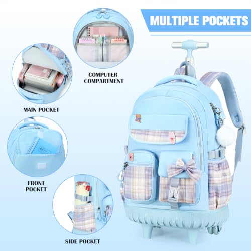 ACESAK Rolling Bow Backpack for Girls with Lunch Bag & Pencil Pouch - color: Blue