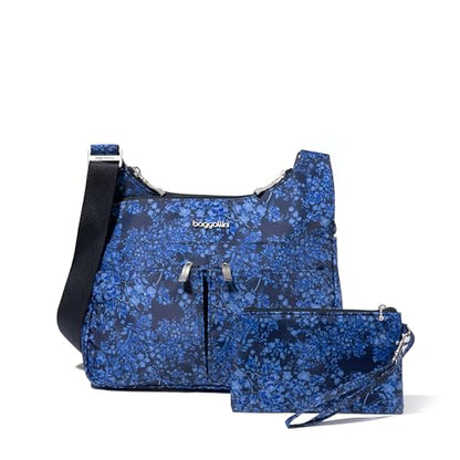 Baggallini Crossbody Travel Bag 11x8.5 Lightweight Water-resistant Nylon Handbag - color: Ink Hydrangea