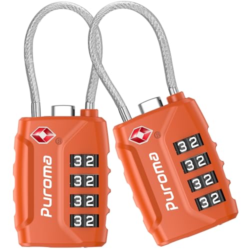Puroma 2 TSA Approved Luggage Locks 4 Digit Code Cable Lock Robust Orange | Resettable, Flexible Cable, Zipper holes, Zinc Alloy, Bright Color, Large White Numbers, Suitcase Train Travel, laptop bag - color: Basic Robust Orange