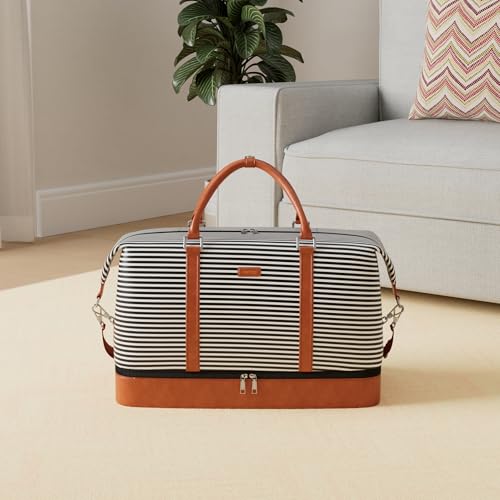 IBFUN Weekender Bags for Women, 21" Travel Duffle Bag with Shoe Compartment - color: C1-Black Strip