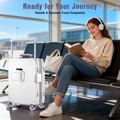 Xtaeptos 20 Inch Carry on Luggage with Wide Handle, Double Spinner Wheels - color: White + Purple