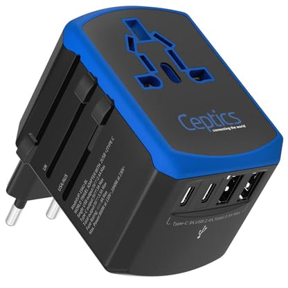 Ceptics 5 in 1 Universal Travel Adapter, 2 USB-A + 2 USB-C, 4 Plug Outputs - color: Blue