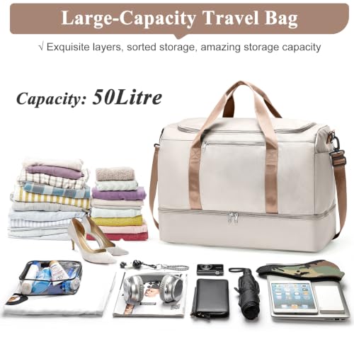 Travel Duffle Bag with Shoes Compartment,Carry-On Weekender Bags for Women - color: Beige & Brown, size: Large