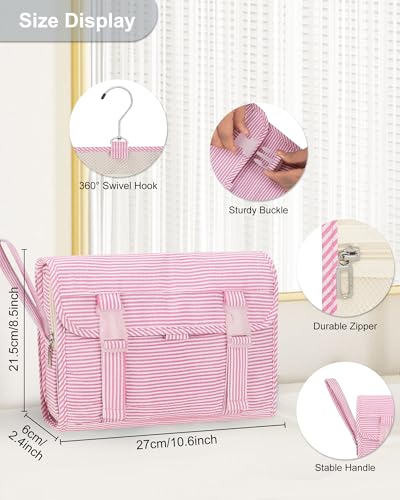 Relavel Hanging Toiletry Bag for Women, Large Striped Makeup Travel Bag - color: 01 Pink Strip, size: Large