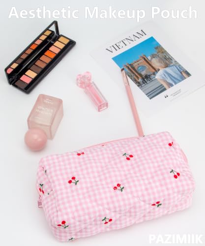 PAZIMIIK Small Quilted Makeup Bag,Zipper Cosmetic Pouch,Gingham Pink Cherry - color: Gingham Pink Cherry