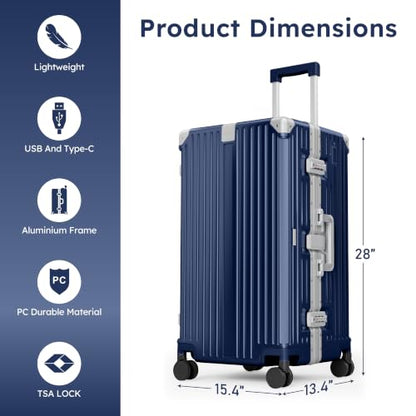 ALPHA CAMP Trunk Luggage 26 Inch with Aluminum Frame Zipperless Suitcase - color: Royal Blue, size: 26 Inch