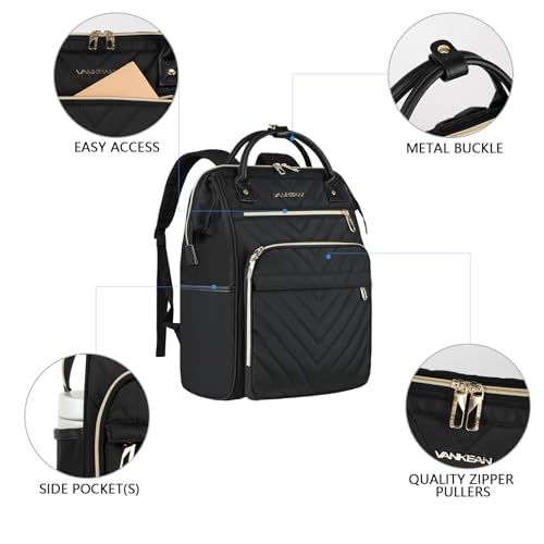 VANKEAN 15.6 Inch Laptop Backpack for Women Large Capacity - color: Quilted Black, size: 15.6 Inch