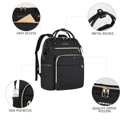 VANKEAN 15.6 Inch Laptop Backpack for Women Large Capacity - color: Quilted Black, size: 15.6 Inch