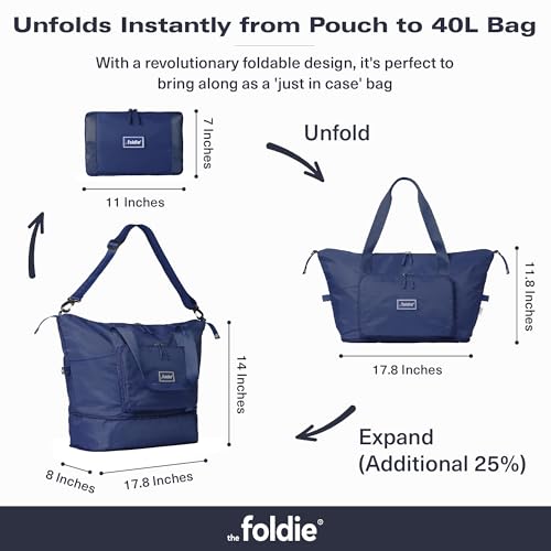 The Foldie Foldable Travel Bag for Women - 40L Weekender Bag with Multiple Pockets - Carry On Expendable Travel Bag - color: Blue