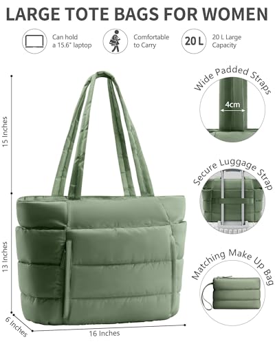 Bagstellar Puffer Tote Bag for Women, Lightweight Puffy Travel Gym Work Bag - color: Sage Green