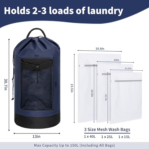 150L Laundry Bag Backpack with 3 Sizes Mesh Wash Bags and Shoulder Straps - color: Navy, size: 150L