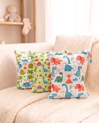 ALVA 2pcs Wet Dry Bags for Diaper Bag Waterproof Reusable with Two Pockets - color: Cute Dinosaurs