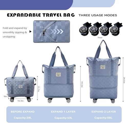 Rolling Duffle Bag with Wheels, 28-58L Expandable Foldable Travel Bag, Lightweight Carry-On Bag for Gym, Camping, Weekend Trips, Business Travel, Weekend Bag for Women & Men(Blue)
