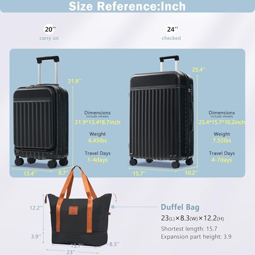Merax Luggage Sets 2 Piece Front Opening, Hardside 20/24 IN Suitcase - color: Black, style: Luggage Set With Top Open 20