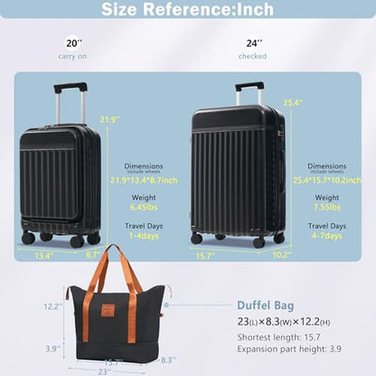 Merax Luggage Sets 2 Piece Front Opening, Hardside 20/24 IN Suitcase - color: Black, style: Luggage Set With Top Open 20