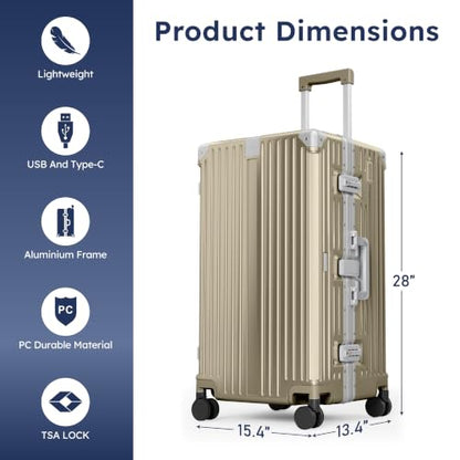 ALPHA CAMP Trunk Luggage 26 Inch with Aluminum Frame Zipperless Suitcase - color: Gold, size: 26 Inch