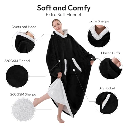Sioloc Wearable Blanket Hoodie for Women/Kids/Men, Oversized & Cozy Sherpa Lined Hoodie Sweatshirt Blanket(Black,Oversized) - color: Black, size: Oversized
