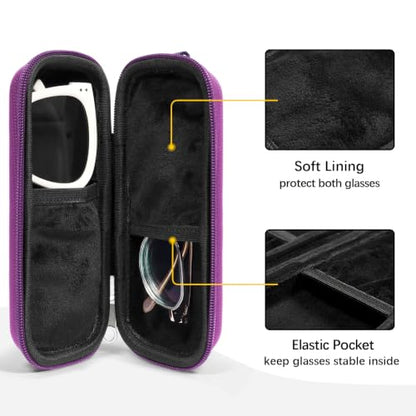 Double Eyeglasses Case for Dual Sunglasses, Hard Shell with Zipper - color: Purple