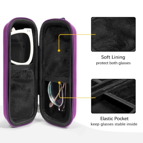 Double Eyeglasses Case for Dual Sunglasses, Hard Shell with Zipper - color: Purple