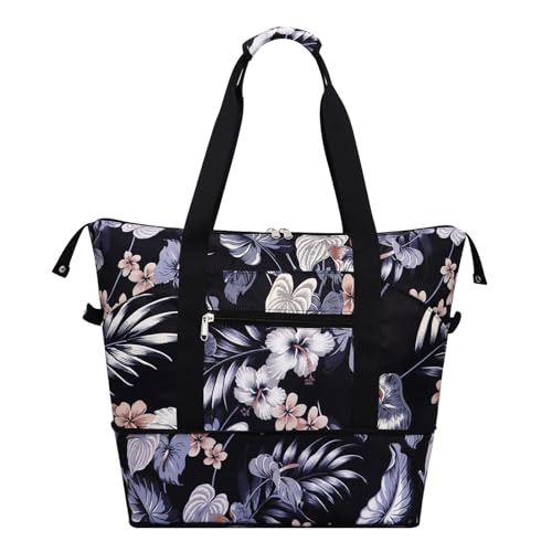 Expandable Duffel Bag for Women with Trolley Sleeve/Wet Pocket Weekender Travel Tote Large Carry On Overnight Luggage - color: Hibiscus