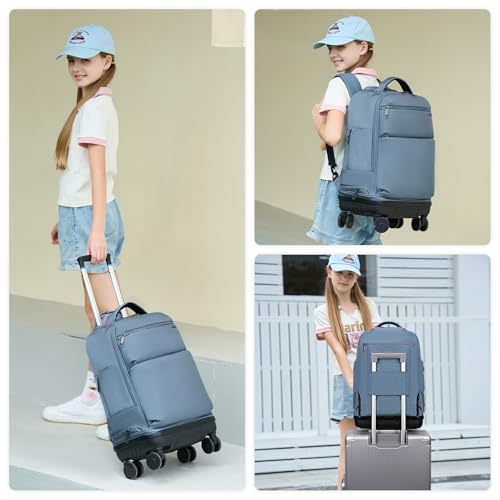 Rolling Backpack with Removable Wheels, 18 inch Computer Laptop Bag Carry on Travel Wheeled Business Backpack for Women Men - color: Lake