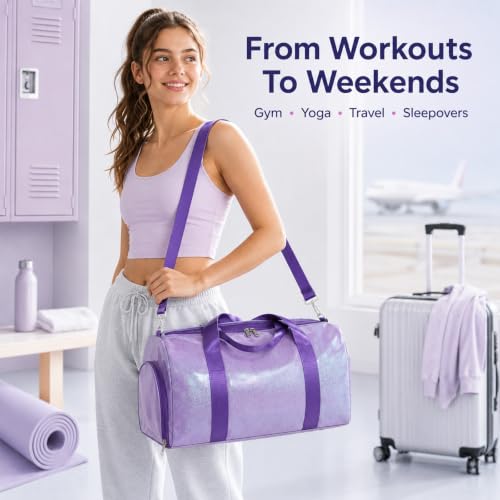 Dance Bag, Gym Bag for Girls, Kids Duffle Bag with Shoe & Wet Compartments - color: Purple