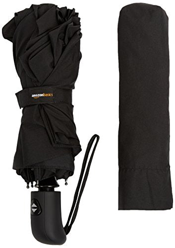Amazon Basics Round Travel Umbrella for Rain, Compact Umbrella with Auto Open/Close, Strong Alloy Steel Frame, Compact Size for Backpacks/Handbags (11" Long When Closed), One Size, Black