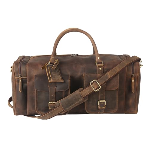 KomalC 24 Inch Leather Travel Duffle Bag, Gym Sports Cabin Holdall - color: Distressed Brown, size: 24 Inches