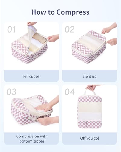 Narwey Compression Packing Cubes for Travel, Cute Luggage Organizer Bags - color: ZZ-Dusty Pink Checkerboard