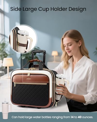 LOVEVOOK Rolling Laptop Bag for Women, Underseat Carry On Bag with Wheels - color: Black-Brown-White
