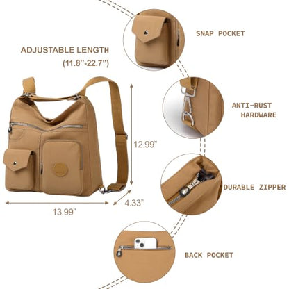 Hobo Purse for Women, Nylon Crossbody Shoulder Handbag Convertible Backpack - color: Beige