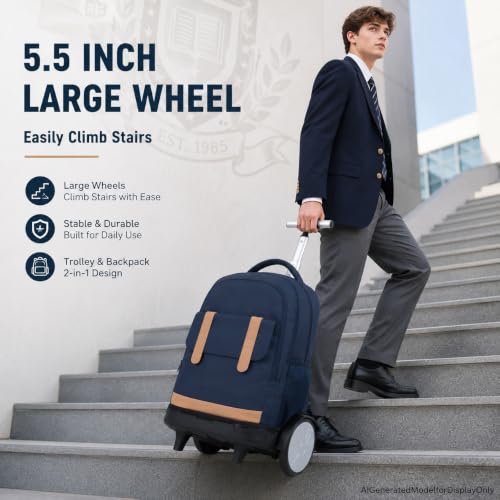 KLFVB Rolling Backpack for Men & Women with Big Quiet-Glide Wheels, 3-in-1 Wheeled Commuter Set with Lunch Bag | Water-Resistant Roller Bookbag for Work, School, Travel - Blue - color: Boys Rolling Backpack with Big Wheels - Blue