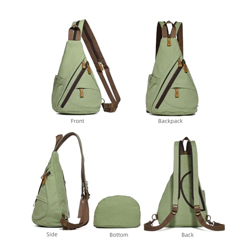 KL928 Canvas Sling Bag - Small Crossbody Backpack Shoulder Casual Daypack Rucksack for Men Women(MatchaGreen) - color: Canvas-matchagreen
