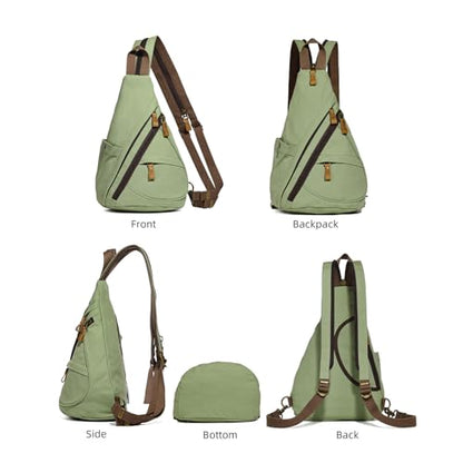 KL928 Canvas Sling Bag - Small Crossbody Backpack Shoulder Casual Daypack Rucksack for Men Women(MatchaGreen) - color: Canvas-matchagreen