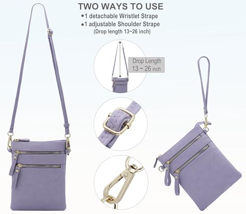 Solene Small Crossbody Bag for Women, Multi Zip Pockets with Detachable Wristlet, Lightweight Travel Purse, Cell Phone Pouch - color: Lavender