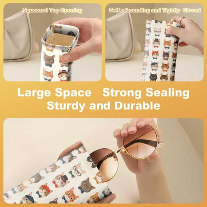 Soft Sunglasses Case for Women, PU Leather Squeeze Top Glasses Case - color: Cute Cats