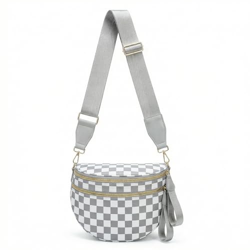 Checkered Crossbody Bags for Women Large Belt Bum Bag Nylon Fanny Packs with Adjustable Strap(Gray Checkered) - color: Gray Checkered